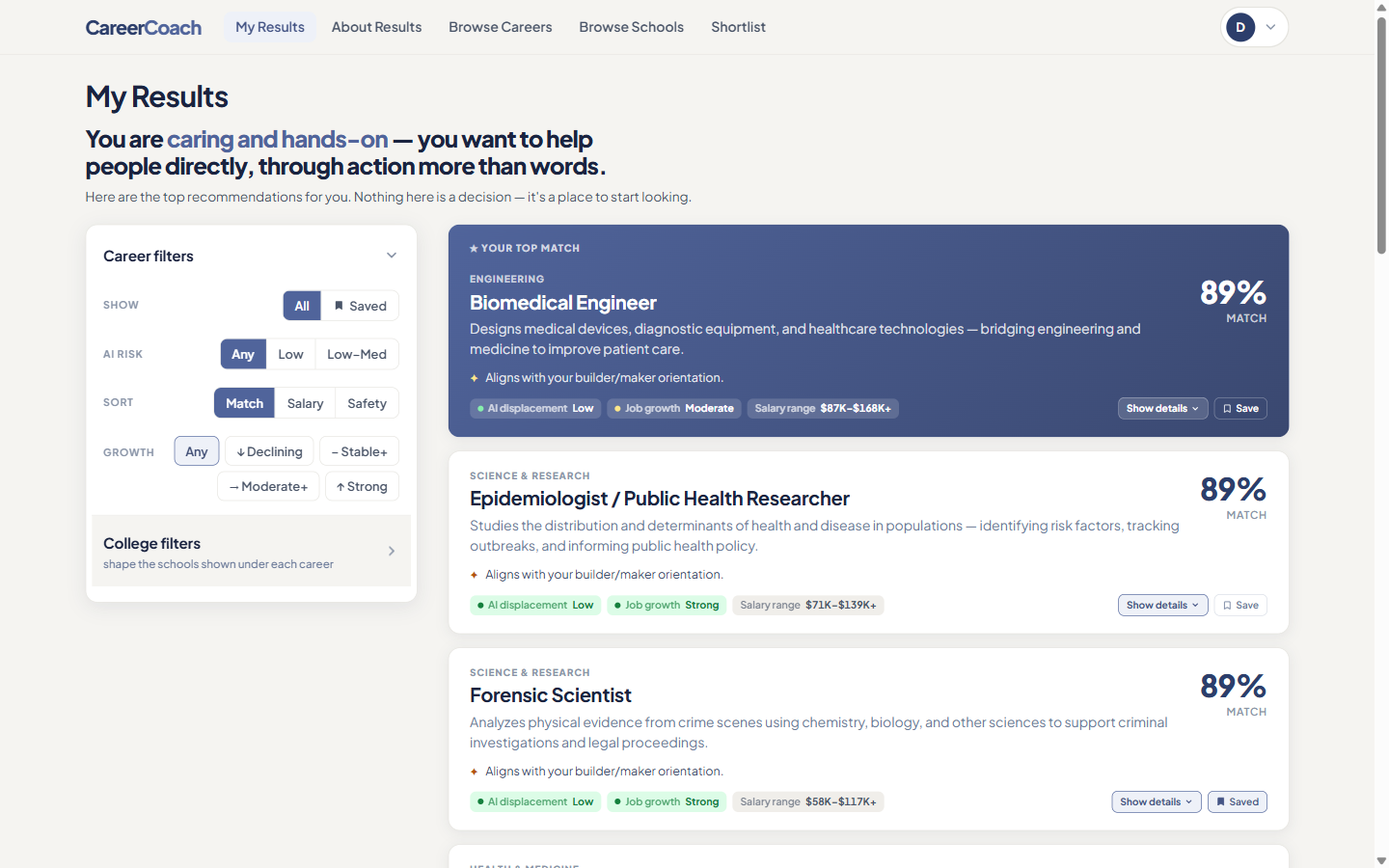 CareerCoach results screen showing top career matches with match scores, AI-displacement risk, job growth, and salary range